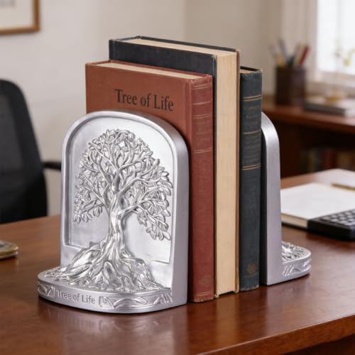 Tree of Life Bookends Silver, Antique Style Resin Book Ends for Shelves, Heavy Duty Decorative Bookends for Large Books, Sturdy Non Slip Bookends Set of 2, Vintage Rustic Shelf Decor - color: Sliver