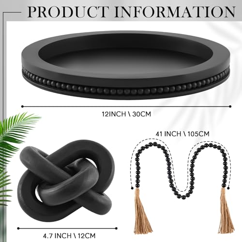 3 Pcs Coffee Table Decor Include 12in Black Wooden Serving Tray, Wood Boho Knot Chain and Wood Bead Garland with Tassels for Coffee Table Housewarming Gift Dining Room Entryway Living Room Farmhouse