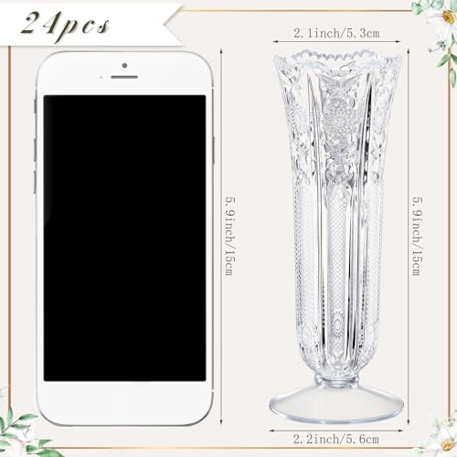 Eaasty 24 Pcs Small Plastic Vases for Flowers, 6 Inch Mini Clear Crystal Vases Bud Vase Bulk for Mothers Day Wedding Home Office Table Centerpiece Decorations