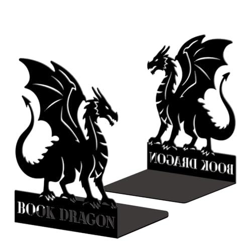 Peacoblue Metal Bookends for Shelves, Modern Decorative Heavy Duty Study Book Ends Stoppers for Office, Desk, Shelf, Room 5.3"x4.3"x6.9" Cast Iron Simple Tall Bookends 1 Pair (Dragon) - style: Dragon