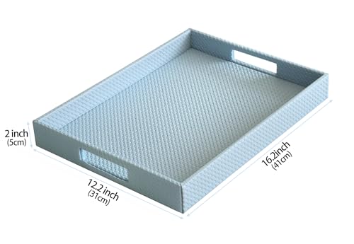 HofferRuffer Rectangle Serving Tray with Hole Handles for Coffee Table, Breakfast, Tea, Food, Butler - Countertop, Kitchen, Vanity Serve Tray, 16.2 x 12.2 x 2 inches, Faux Leather (LightBlue) - color: Lightblue, size: 16.2" x 12.2" x 2"