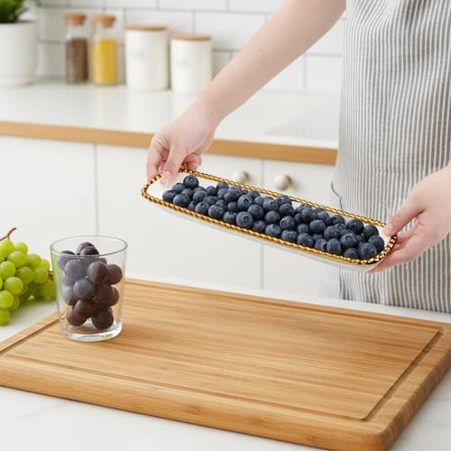 SOUJOY 2 Pack Porcelain Cracker Tray with Gold Pearl Edge, 14 Inch Rectangular Charcuterie Serving Platters, Dishwasher Safe Ceramic Cookie Plates for Cheese Ham Fruit, Perfect for Display Foods