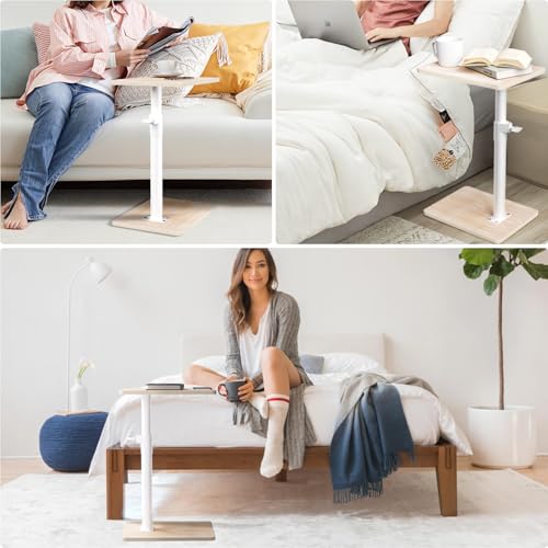 YUHFERA Sofa Armrest Tray Table for Couch - 360 Swivel Height Adjustable End Table for Small Spaces, Snack Side Table for Bed or Chair with Phone & Tablet Slot (Oak, Standard) - color: Fair, size: Standard