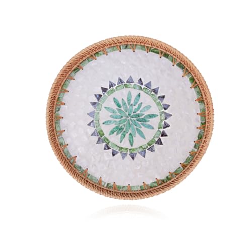 Shellac Rattan Tray with Mother of Pearl Inlay, Round Decorative Serving Tray for Home Décor Coffee Table Storage and Display, 100% Natural Materials- Ottoman Tray - Mix Color 12" - color: Mix, size: 12"