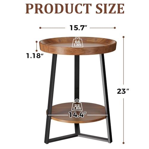 Gadroad Round End Table with Storage Shelf, 2 Tier Farmhouse Side Table Nightstand for Living Room, Bedroom, Wood Tabletop & Black Metal Frame, Brown 15.7 * 15.7 * 23.0inches - color: Brown, style: No Charging Station