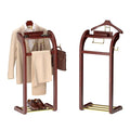 Suit Valet Stand for Men, Wood Mens Valet Stand with Base, Contour Hanger, Tray, Trouser Bar and Tie Bar, Clothes Valet Stand for Bedroom Entryway Home Living Room Office (Reddish brown) - color: Reddish brown
