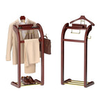 Suit Valet Stand for Men, Wood Mens Valet Stand with Base, Contour Hanger, Tray, Trouser Bar and Tie Bar, Clothes Valet Stand for Bedroom Entryway Home Living Room Office (Reddish brown) - color: Reddish brown