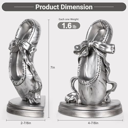 Bookends for Shelves, Ballet Slipper Decorative Bookends - Book Ends with Anti-Slip Pad for Book Lovers Dancers Heavy Book Holder for Home Office Decor (Silver) - color: Silver