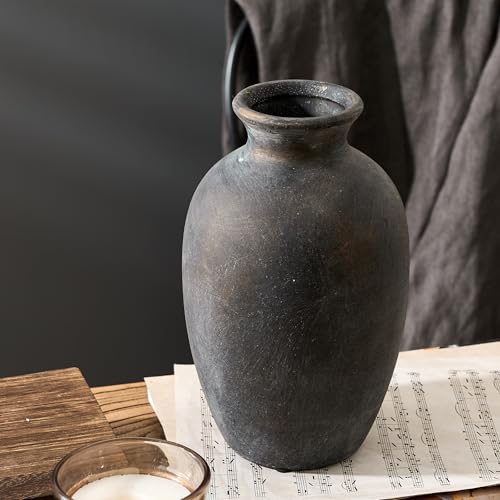 PORCER Ceramic Rustic Flower Vase, 8.38 Inch Vintage Pottery Home Decor, Farmhouse Terracotta Vase for Living Room, Table, Shelf, Mantel Decoration, Farmhouse - Black Bronze - color: Black Bronze- 8.38"