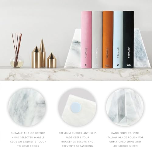 Ottimo Polished Heavy Stone Marble 6" Book Ends for Bookshelf Decor, Home, Office or Kitchen Shelves. Heavy, Triangular, and Decorative Book Stopper with Anti-Slip Pads, Great Gift Idea (White) - color: Pearl White
