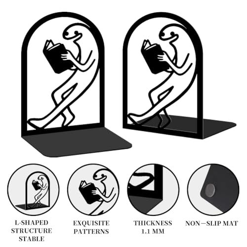 Black Metal Bookends for Shelves Decor Humorous Figure Cute Heavy Duty Bookends for Book Supports, Unique Book Stopper for Office Book Holder Shelf Accessories 1 Pair/2 PCS - style: Funny Reading