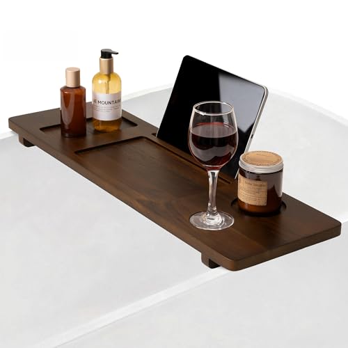 Teak Bathtub Tray - Wood Bath Caddy Tray 29" for Small Tubs - Adjustable Bathtub Table Trays - Luxury Shower Organizer for Home Spa Relaxation and Reading - Dark Walnut Color - color: Dark Walnut-a, size: 29" x 9" x 2"