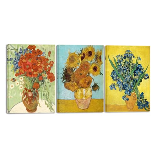 Wieco Art 3 Panels Canvas Prints of Vincent Van Gogh Paintings Reproduction Red Poppies and Daisies Irises in Vase Sunflower Canvas Wall Art for Living Room Home Office Decor - color: Flowers, size: 16 x 24 inches (Unframed)