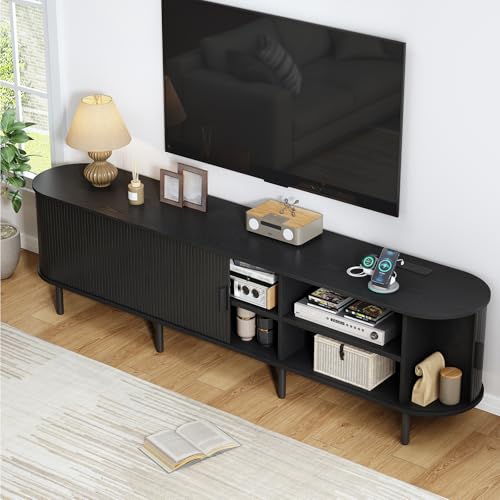 86.6" TV Stand with Power Outlet, Mid-Century Modern Television Stand, Fluted Media Console with Sliding Doors, Entertainment Center for TVs up to 90 Inch, Adjustable Shelves, Black - color: Black, size: 86.6 Inch