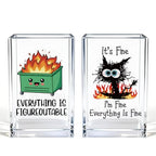 Funny Black Cat 2 Pack Acrylic Cosmetic Pencil Pen Holder Cup, Emotional Dumpster Fire Pencil Pen Holder Cup, Cat Lover Gift for Women, Office Sarcastic Gifts for Women Men Colleague - style: Everything Fine 2
