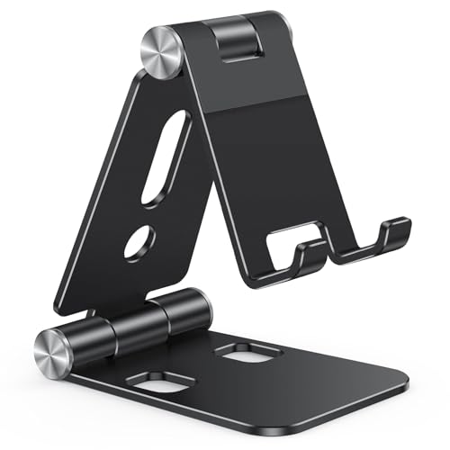 OMOTON Foldable Cell Phone Stand, C4 Portable Aluminum Phone Holder, Adjustable Phone Dock Cradle Compatible with iPhone 17/16/15 Pro Max, Samsung Galaxy, Small Tablets and Other Phones, Black - color: Black
