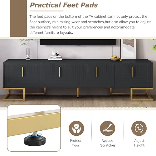 ON-TREND Modern TV Stand with Metal Legs and Gold Handles for TVs Up to 80'', Media Console Table with Cabinets and Adjustable Shelves, Luxury TV Cabinet with Geometric Lines for Living Room, Black - color: Black+gold1
