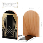 Wooden Bookends 2 Pcs,Art Deco Design Heavy Duty Office Book Ends Anti Slip Book Shelf Holder with Metal Base Decorative Book Stands - color: Art Deco Design