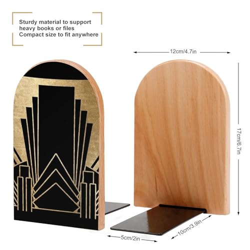 Wooden Bookends 2 Pcs,Art Deco Design Heavy Duty Office Book Ends Anti Slip Book Shelf Holder with Metal Base Decorative Book Stands - color: Art Deco Design