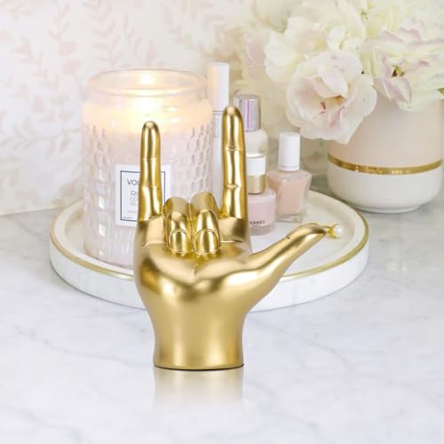 Gold Resin Rock On Hand Gesture Statue - Modern Office Desk Decor & Home Shelf Accents - Rock Culture Music Lovers' Decorative for Living Room, Bookshelf, 6.89"