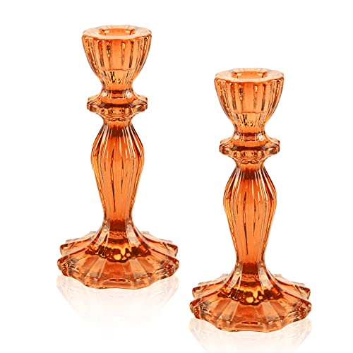 Glass Candle Holders, 2PCS Pillar Candle Holders Decorative Candlestick Holders Table Centerpieces Valentines Wedding Home Decor, Orange - color: Orange