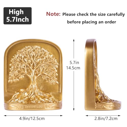 Tree of Life Bookends, Gold Resin Decorative Bookends for Shelves, Antique Style Book Ends Vintage Rustic Bookend, Heavy Bookends for Large Books, Sturdy Bookend Gift for Men Home Office - color: Gold