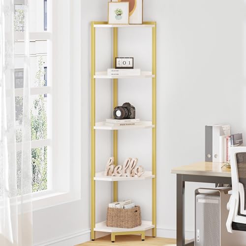 Hzuaneri Corner Shelf Stand, Corner Bookshelf, Storage Standing Shelf Unit with Metal Frame, Plant Stand, Bookcase for Living Room, Home Office, Bedroom, 5-Tier White Gold CS05903A - color: White Gold, size: 5 Tier