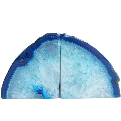 Natural Agate Bookends Pair - Vibrant Dyed Blue Geode Design, 2-3 lbs Heavy Duty Non-Slip Crystal Bookends for Shelves | Home Office Decor - color: Blue, size: 2-3LBS