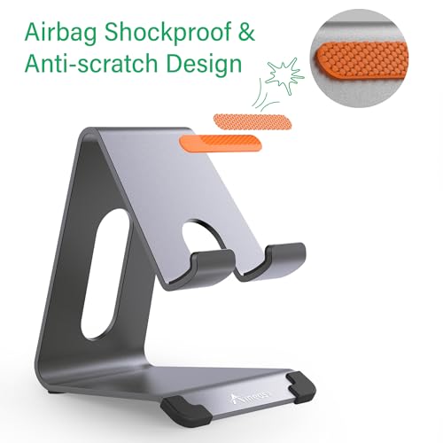Phone Stand for Desk, Thickened Aluminum Cell Phone Stand & Phone Holder for Desk, Compatible with Tablets, iPhone, iPad, Samsung - Dark Gray - color: dark gray