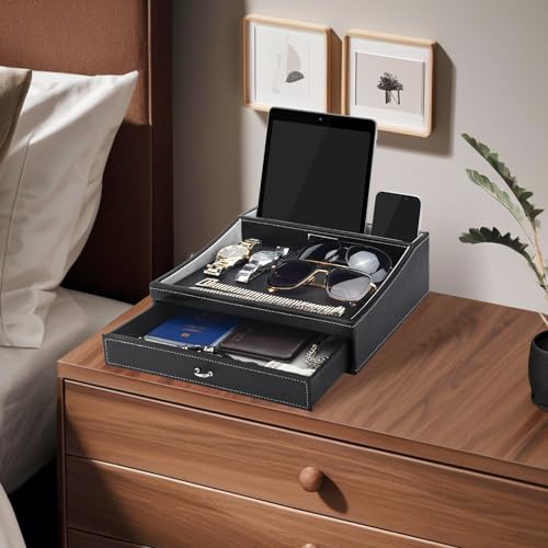 Baoyun Gifts for Dad Mens Nightstand Organizer, Jewelry Box for Men, Mens Dresser Organizer Countertop, Large Capacity Leather Valet Tray for Phones Pad Wallet Key Christmas Gifts for Men - color: Black