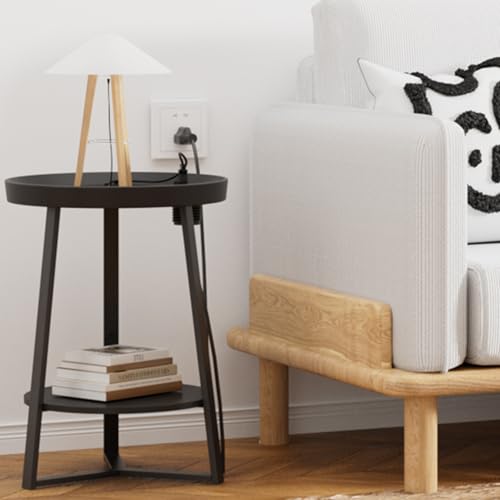 Gadroad Round End Table with Charging Station, USB Ports and Anti-Drop Fence, Wood Tabletop & Black Metal Frame, 2-Tier Side Table for Living Room, Bedroom, Black 15.7 * 15.7 * 23.0 inches - color: Black, style: with Charging Station