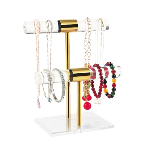 Acrylic Bracelet Holder, Necklace Holder Display Stand, 2 Tier T-Bar Jewelry Organizer, Stainless Rod Tangle-free Countertop Jewelry Rack for Vendors Retail Store Home, Gfit for Women - size: 2 Tier