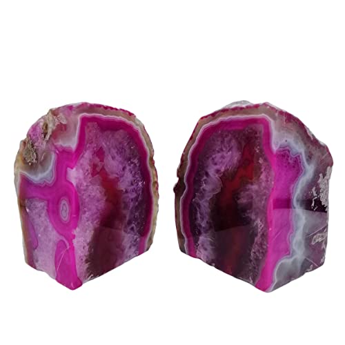 Agate Bookends Pair - Natural Geode Style, Dyed Pink 3-4 lbs Heavy Duty with Rubber Bumpers | Non-Slip Crystal Bookends for Heavy Books | Unique Home Decor - color: Pink, size: 3-4LBS