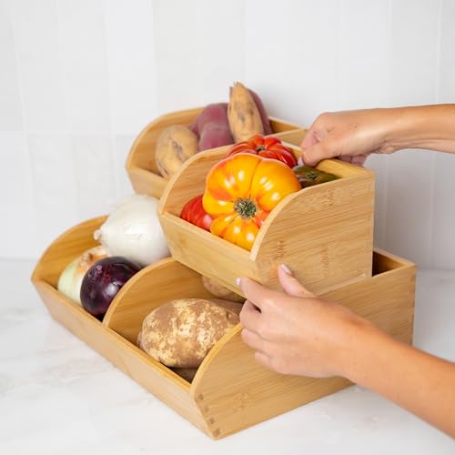 Potato and Onion Storage Bin – Stackable Ventilated Bamboo Storage System for Kitchen Counter or Pantry – Multi-Level Produce Organizer for Garlic, Fruits & Vegetables