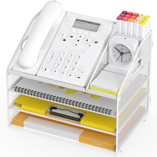 Letter Tray Paper, 4 Tier Desk Organizer with Pen Holder and Handle, Mesh File Organizer Paper Sorter Metal Desktop Document Shelf for Office Home Classroom - White - color: 4 Tier-white