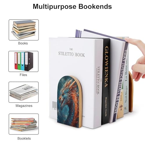 Dragon Art Bookend Wood Book End for Shelves Heavy Duty Non-Slip Wooden Bookend Support Universal Economy Bookends Fancy Modern Decorative Book Accessories 1 Pairs