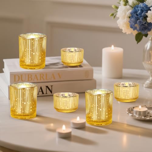 IMAGE Votive Gold Candle Holders, Elegant Glass Tea Light Holder for Weddings, Diwali, Home Decor, Shower, Party & Gift (12)