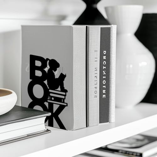 Peacoblue Metal Bookends for Shelves, Modern Decorative Heavy Duty Study Book Support Stoppers for Office, Desk, Shelf, Room 5.3"x4.3"x7.9" Cast Iron Simple Bookends, 1 Pair (Book and Reading Girl) - color: Book and Reading Girl