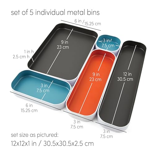 Three by Three Seattle 5 Piece Metal Organizer Tray Set for Storing Makeup, Stationery, Utensils, and More in Office Desk, Kitchen and Bathroom Drawers (1 Inch, Gray, Sky Blue, Orange) - color: Gray, Sky Blue, Orange, size: 5 Piece