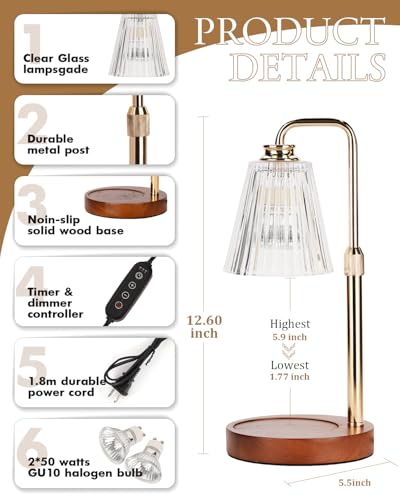 Candle Warmer Lamp with Timer Dimmable Crystal Vertical Stripe,Mothers Day Birthday Gifts for Women Mom, Adjustable Candle Warmer with 2 Bulbs, Candle Lamp for Jar Candles, House Warming Home Decor - color: Crystal Stripe-gold