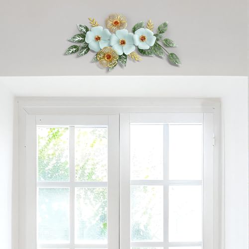 Otoolling 13.7'' Metal Flower Wall Decor, 3D Light Blue & Gold Floral Sculpture with Green Leaves, Hanging Wall Art Accent for Living Room, Bedroom, Bathroom, Home Indoor Outdoor Decoration - style: Classic Style