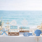 Vercraft 11 Pcs Beach Table Decorations Set Ocean Tiered Tray Decor Summer Wood Block Sign Gift the Beach Is My Happy Place Starfish Seashell Coastal Centerpiece Summer Party Supplies Shelf - style: Beach