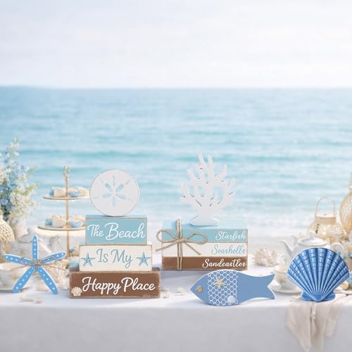 Vercraft 11 Pcs Beach Table Decorations Set Ocean Tiered Tray Decor Summer Wood Block Sign Gift the Beach Is My Happy Place Starfish Seashell Coastal Centerpiece Summer Party Supplies Shelf - style: Beach