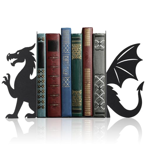 Geelin Dragon Metal Bookends Set of 2 Styles Fantasy Book Ends for Shelves Bookshelf Home Office Desk Bookshelf Decor Gift for Dragon Lovers and Reading Enthusiasts - style: Evil Dragon