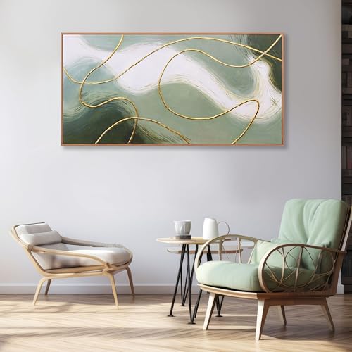Abstract Wall Art Minimalism Green White and Gold Lines Boho Canvas Wall Decor Framed Artwork Modern Home Wall Decor for Living Room Bedroom Office 20"x40" - color: Green, size: 40"L x 20"W