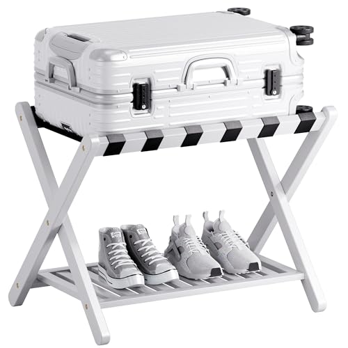 SMIBUY Luggage Rack, Foldable Bamboo Suitcase Stand with Storage Shelf for Guest Room, Bedroom, Hotel, Heavy-Duty, 1 Pack (White) - color: White