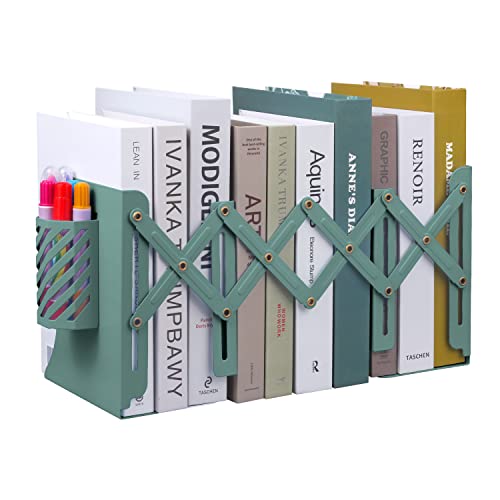 MSDADA Adjustable Bookends, Book Ends for Heavy Books, Expandable Book Organizer with Pen Holder for Desk, Shelf, Office,School, Thanksgiving for Students and Teachers(Green) - color: Green