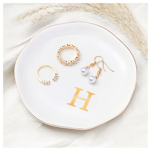 ProCase Ceramic Jewelry Tray, Initial Ring Dish Trinket Plate Engagement Gift, Small Personalized Monogram Ring Bowl for Wedding, White Decorative Jewelry Holder for Women Vanity -Letter H - style: H