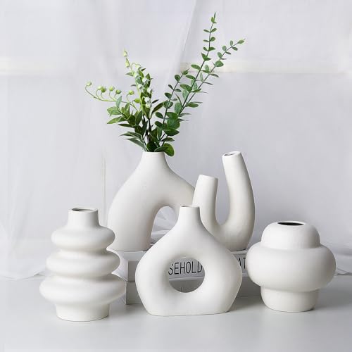 CUCUMI Ceramic Flower Vase Set of 5 Modern Nordic Boho Style Decorative Vases Home Decor, Matte Ceramic Decorations for Living Room Shelf, Bookshelf Mantle Entryway Table or Console Décor - color: 5 Pack-warm White