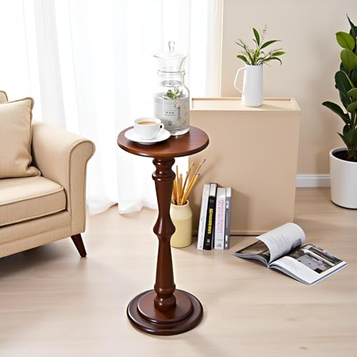 SwallowLiving Small Drink Table, Brown Wooden Round Side Table, Narrow Modern End Table with Pedestal Stand for Small Spaces, Beside Sofa Couch & Office, Tall Plant Display Stand, 12" W x 25" H - color: Brown Hourglass